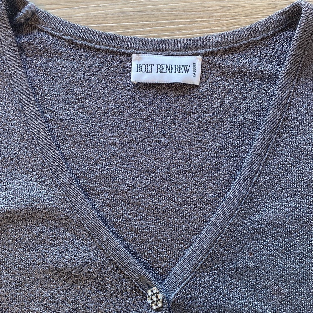 Holt Renfrew Silver Metallic Knit Cardigan | Designer V-Neck Button Sweater - Picture 2 of 9